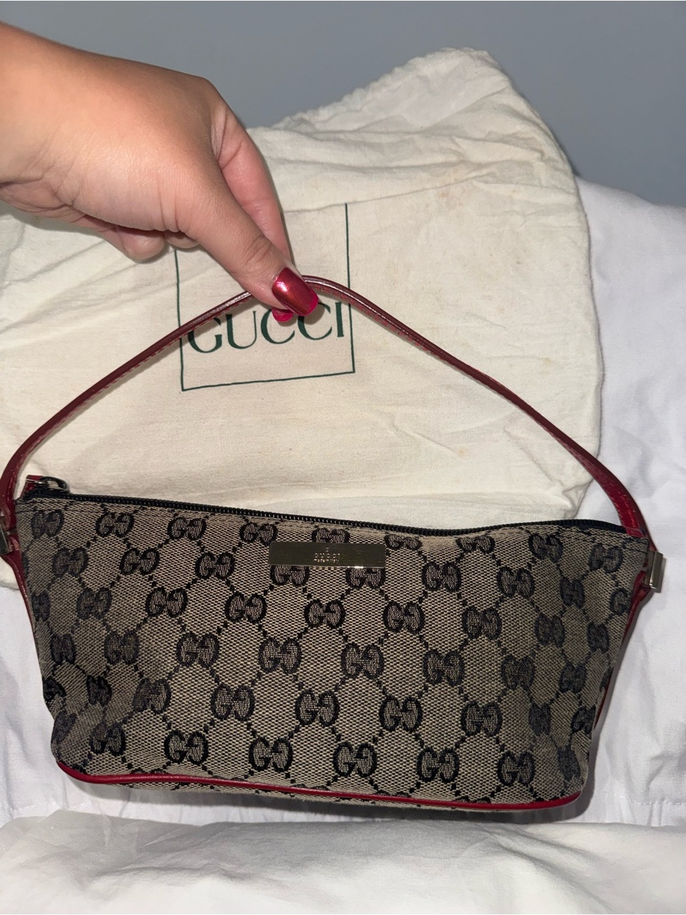 Gucci Navy GG Monogram Shoulder Bag with Red Trim